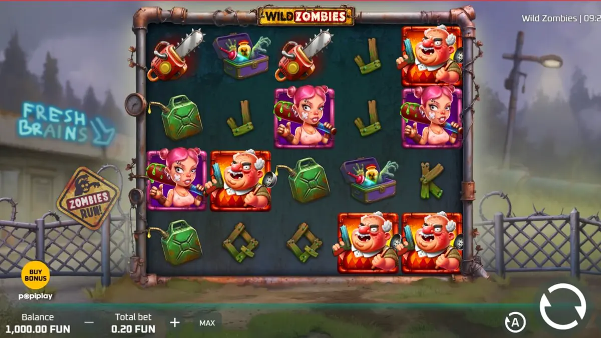 Tampilan visual slot Wild Zombies dengan tema apokaliptik komedi